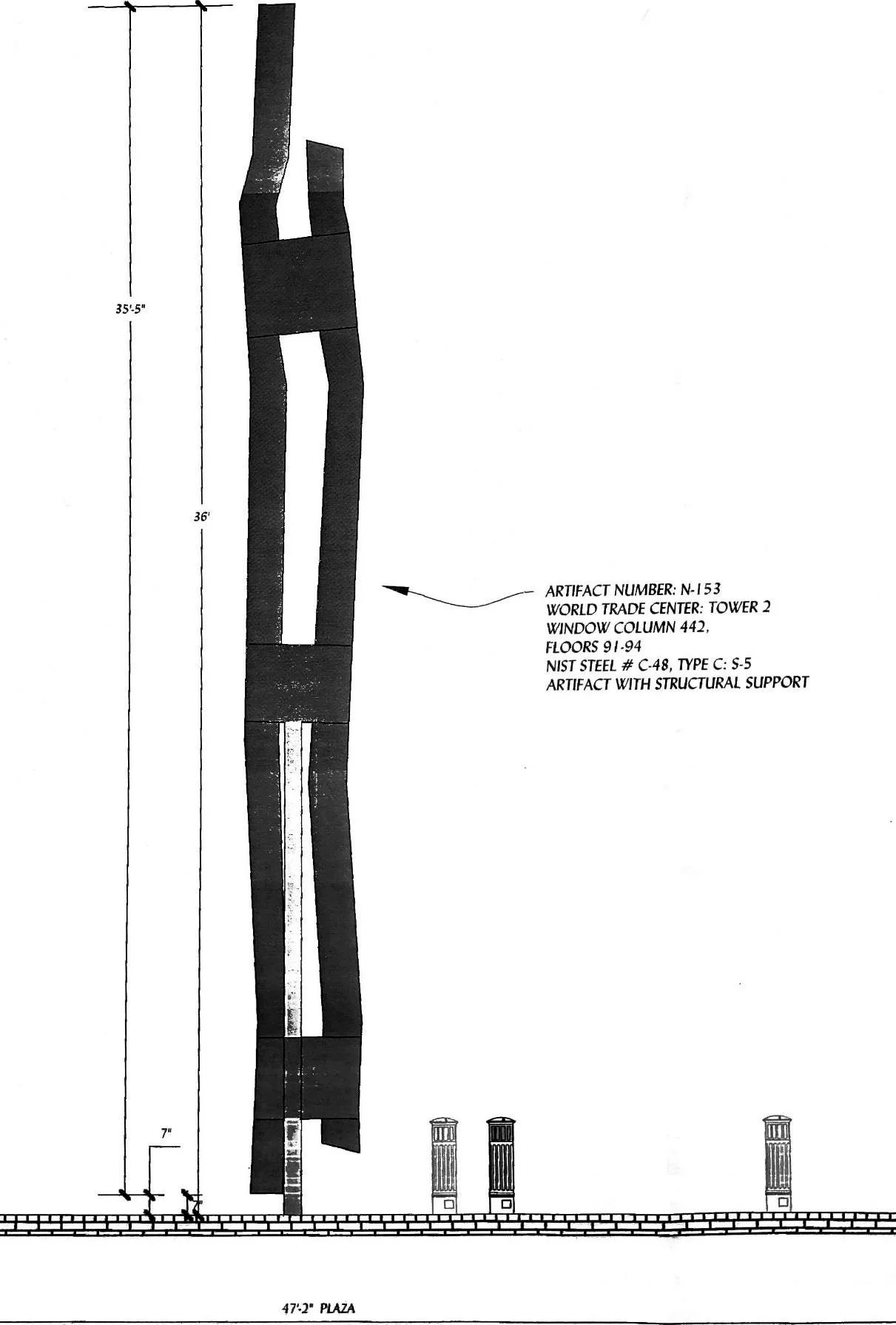 Elevation drawing of the memorial from the south: the bent steel column standing on its plaza beside three light bollards