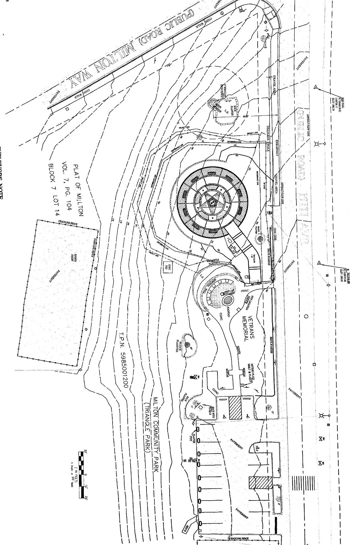 Site plan of Triangle Park showing the circular memorial plaza in the northeast corner next to the Veterans Memorial and parking